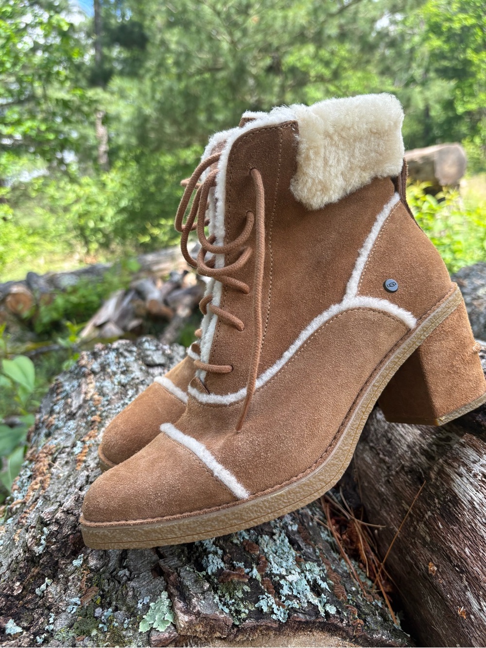 UGG Tan Suede Shearling Lace-Up Block Heel Ankle Boots